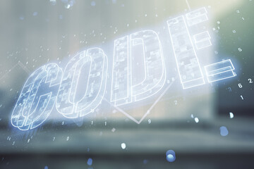 Aufkleber - Code word hologram on blurry contemporary office building background, international software development concept. Multiexposure