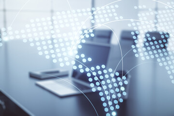 Poster - Abstract creative world map with connections on modern laptop background, international trading concept. Multiexposure