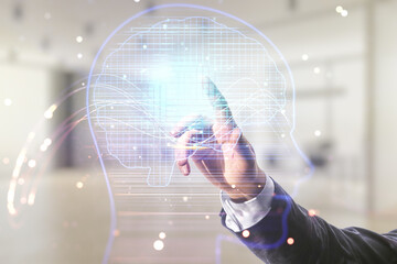 Poster - Double exposure of man hand presses on creative artificial Intelligence hologram on blurred office background. Neural networks and machine learning concept