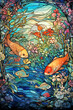 Fische - Glasmalerei Mosaik von Tieren am Teich - buntes Tiffany Glas
