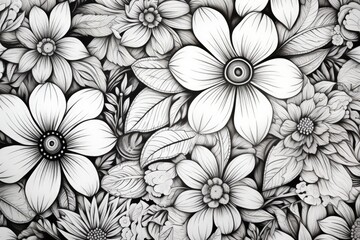 Coloring book flowers doodle style black outline.