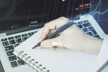 Aufkleber - Multi exposure of creative statistics data hologram with hand writing in notebook on background with laptop, stats and analytics concept