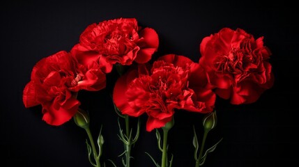 Wall Mural - mourning red carnations on a black background.