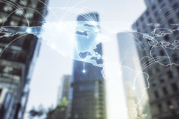 Poster - Double exposure of abstract digital world map hologram with connections on blurry cityscape background, big data and blockchain concept