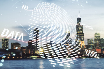 Aufkleber - Double exposure of virtual creative fingerprint hologram on Chicago office buildings background, protection of personal information concept