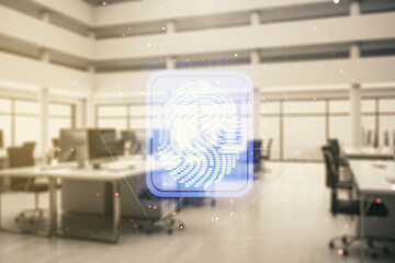 Poster - Double exposure of virtual creative fingerprint hologram on modern corporate office background, research and development concept