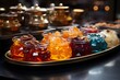Traditional Turkish delight in glass jars on metal tray, close-up