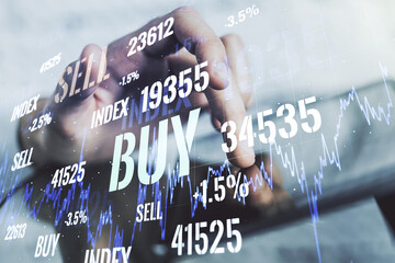 Poster - Multi exposure of abstract creative financial chart with finger presses on a digital tablet on background, research and analytics concept