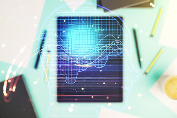 Aufkleber - Double exposure of creative human head microcircuit and modern digital tablet on background. Future technology and AI concept