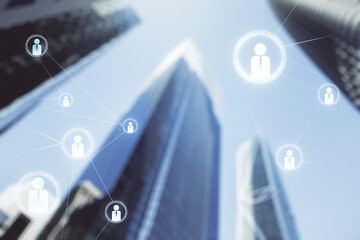 Poster - Abstract virtual social network hologram on modern architecture background. Double exposure