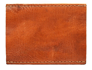 blank brown leather label on white background, macro close up. leather patch with stitching