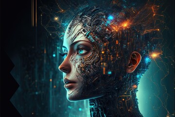 Poster - Female cyborg head in futuristic digital technology background