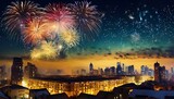 Fototapeta Na ścianę - A city skyline with fireworks lighting up the night, sylvester background, new years celebration picture, banner, templates, concept