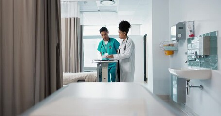 Poster - Doctor, team and nurse in discussion on tablet, planning and communication in hospital. Technology, medical professional workers and people research healthcare online, wellness app and collaboration