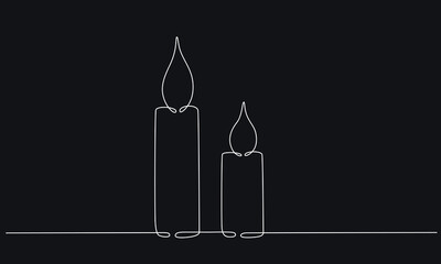 Wall Mural - Christmas candles with burning flame. One continuous single line hand drawing art. Vector stock illustration isolated on black background for design template greeting card, invitation, editable stroke