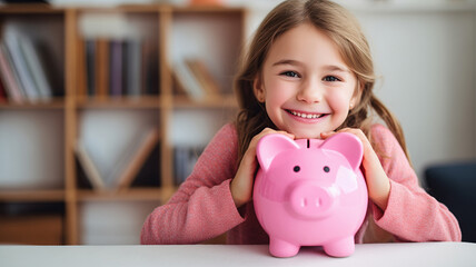 Little caucasian girl hold pink piggy bank. Concept learning about saving money, kid save finances for education or dream