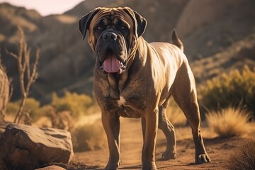 Sticker - A large brown dog standing on top of a dirt field. Suitable for various outdoor and nature-related themes