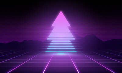 Aufkleber - Universe Retro Futuristic 80's Background. Synthwave wireframe net grid. Christmas tree in retro sunset style. 80s, 90s Retro futurism, Retro wave cyber grid. Deep space surfaces. Neon glow particles