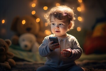 Toddler girl fascinated by smartphone screen with soft lights and toys in background. Child technology and development.