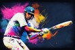 Cricket player with bat and ball in action on colorful splash background