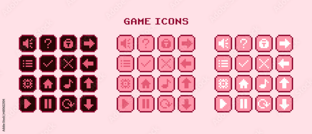 Set of pixel game buttons icons - Pink theme Stock Vector | Adobe Stock