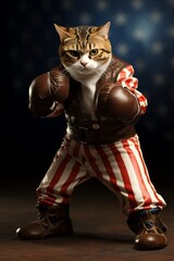 Canvas Print - Cat, Animal, Feline, Ironic, Boxer, Vintage, Retro, Boxing, Red, Gloves. AMERICAN VINTAGE BOXER CAT POSE. Portrait of a retro boxer cat in striped red and white dress. Leather gloves and shoes. 