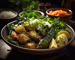 Wall Mural - Delicious dolma - stuffed grape leaves with rice and meat in pot on dark background. Traditional Greek, Caucasian and Turkish cuisine. AI generated