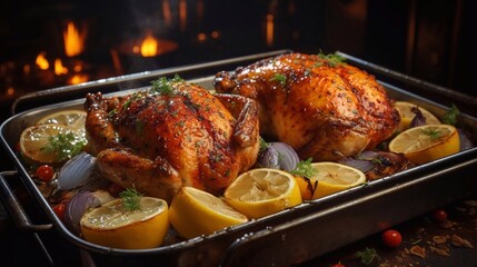 Roasted chickens with vegetables, lemon and herbs in a baking dish. Festive dinner with AI generated