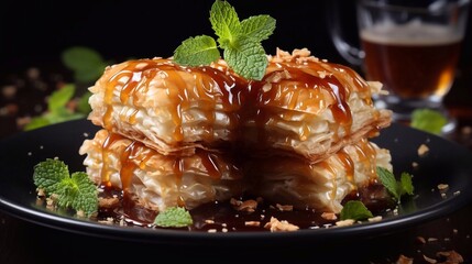 Wall Mural - Stack of freshly baked baklava on dark background. AI generated