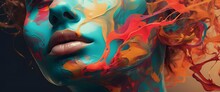 A Close Up Of A Woman With Colorful Paint On Her Face Generative AI
