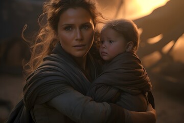 a woman holding a baby wrapped in a blanket Generative AI