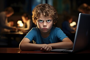 Wall Mural - a young boy sitting in front of a laptop computer Generative AI