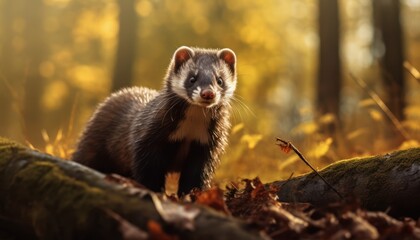 Wall Mural - The European Polecat Perched on the Enchanting Forest Floor