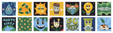 Square Posters With Funny Cute Characters Of Save The Planet In Trendy Groovy Style. Eco Friendly Stickers Collection. World Environment, Ecology Care, Go Green Energy, Zero Waste Or Recycling Concept