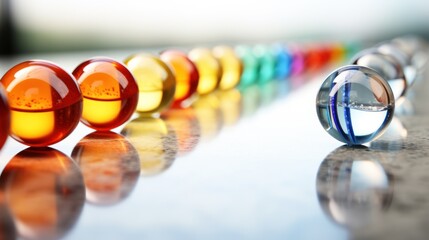 Poster -  a row of multicolored glass balls sitting on top of a white counter next to a black counter top with a reflection of the glass in the middle of the row.