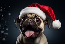 Purebred Pug Dog Wearing Red Christmas Hat. Hyper Realistic Xmas Illustration Made With Generative AI