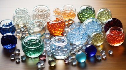 Sticker -  a bunch of different colored beads sitting on top of a wooden table next to a glass filled with some sort of liquid on top of some sort of a table.