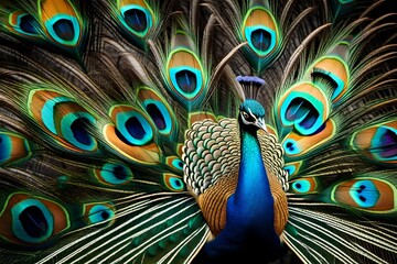 Wall Mural - A close-up shot of a resplendent peacock displaying its iridescent plumage, each feather a mesmerizing array of colors.