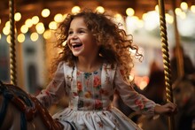 Kids Having Fun On Amusement Park Merry-go-round Ride Young Girl Riding A Carousel Outside In Festive Festival Carnival Fun Joyful Exited Face Expression