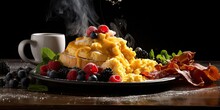 Morning Indulgence - Dive Into A Breakfast Spread Featuring Scrambled Eggs, Ham, Berries, And Coffee, Set Against A Dark Background