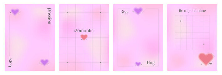 Wall Mural - Set of Valentine's Day posters with hearts and abstract elements. Delicate backgrounds in y2k style with gradients.