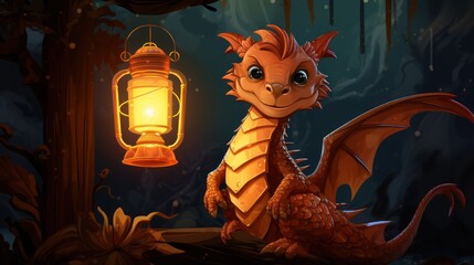 Canvas Print -  a dragon sitting in front of a lantern with a glowing lantern on it's head and a glowing lantern on its back, in front of a dark forest.