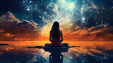 Fototapeta Dmuchawce - illustration of a woman meditatiing in a magic landscape against a cosmic sky