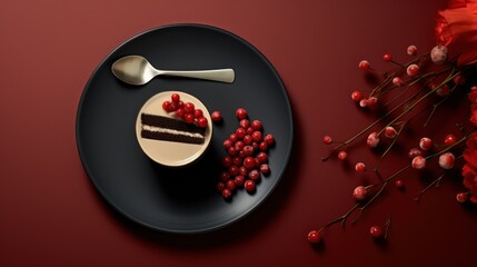 Sticker -  a piece of cake sitting on top of a black plate next to a fork and a bunch of berries on top of a black plate next to a red flower.