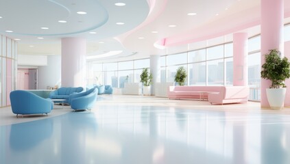 Wall Mural - A Spacious Room with Vibrant Blue and Pink Furniture