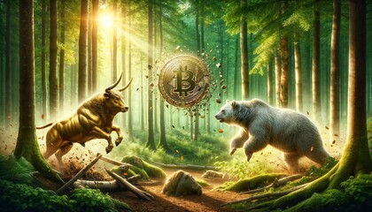 Wall Mural - Bitcoin and crypto market in bull or bear phase - forest concept design with copyspace for additional text