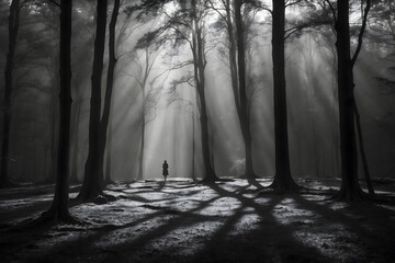 Wall Mural - beautiful illuminating rays shining on a person in a dark forest