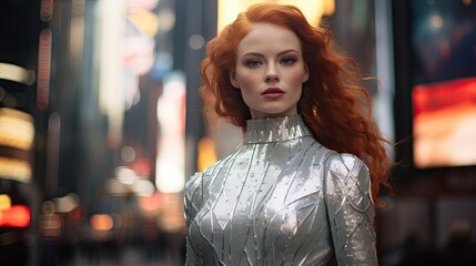 Wall Mural - beautiful woman with red hair wearing a silver dress standing on the times square