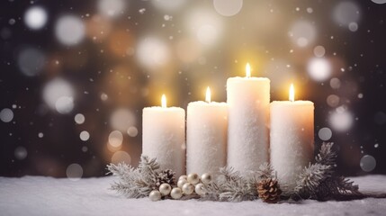 Poster -  a group of white candles sitting on top of a pile of snow next to a bunch of pine cones and a bunch of pine cones on top of pine cones.