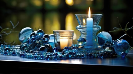 Poster -  a candle sitting on top of a table next to a blue beaded garland of beads and a glass vase with a lit candle in the middle of the table.